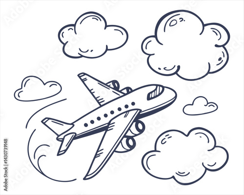 Hand-drawn airplane flying through clouds in black and white sketch style