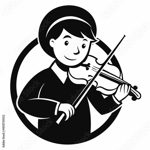Boy Musician Playing Violin Classical Music Performance Black And White Isolated Vector