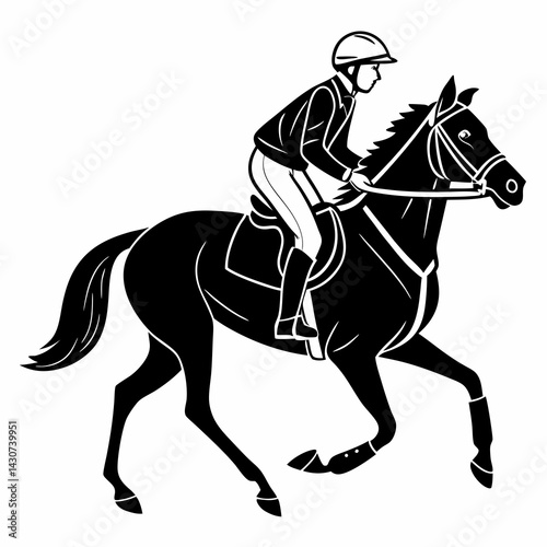 Black And White Vector Illustration Of A Horse And Rider Galloping Fast