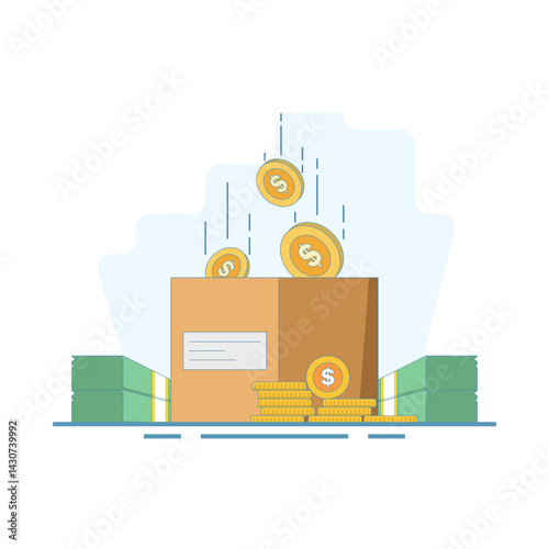 charity fundraising concept, donation money box collection, non-profit financial fundraising support grant, sponsor investment capital budget. flat design illustration.