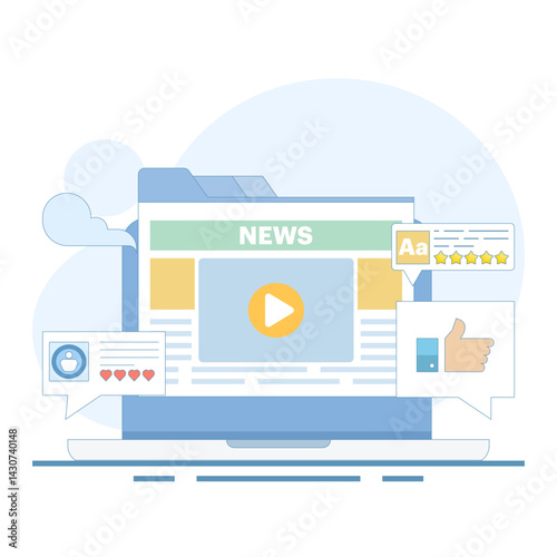 Online Newspaper Concept, News website, News portal on laptop screen. Online news mobile app, Online news article, News webpage, Online mass media on screen, Internet bulletin. Flat illustration.