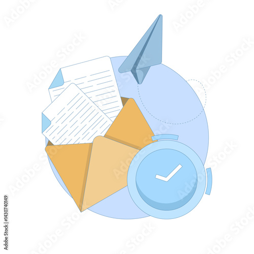 Scheduled Mail Concept. Mail Envelope with Clock. Email message sent to customers with automatic scheduling software, email marketing concept. Flat Design Illustration in the background.