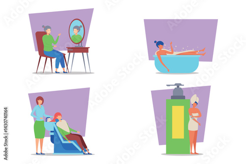 Diverse set of beauty routines, highlighting activities like hair styling, relaxing in bath, and skincare application. Importance of self-grooming concept
