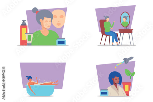 Various beauty-related activities, featuring skin care, makeup application, relaxation in bath, and connection with nature through plant. Wellness concept
