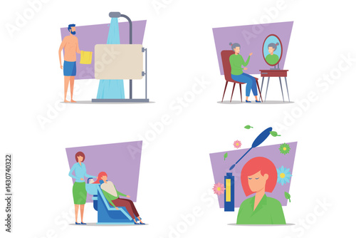 Variety of beauty routines including showering, applying makeup, receiving haircut, and enjoying serene moment. Self-care practices concept