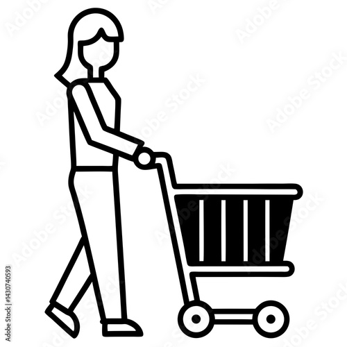 Woman Pushing Shopping Cart Illustration Line Art Simple Black And White Design