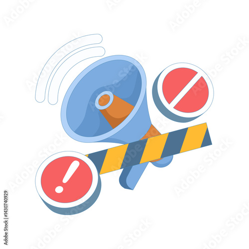 warning concept with blocked Megaphone, notification, danger, prohibition of loud noise, announcement, or voice amplification. flat design illustration in the background.