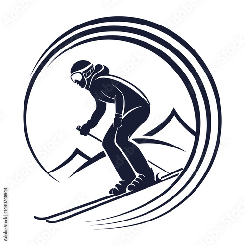 Skier Descending Mountain Slope In Artistic Circular Logo Style Design