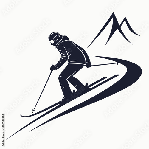 Skier Silhouette Vector Illustration Winter Sport Design Mountain Landscape Isolated