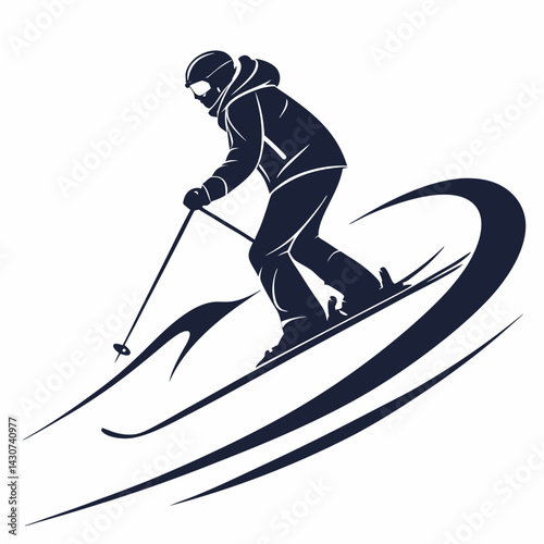 Stylized Silhouette Illustration Of Skier Downhill On Snow Trail Isolated On White