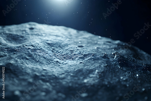 Close-up view of a celestial body's textured surface in deep space. photo