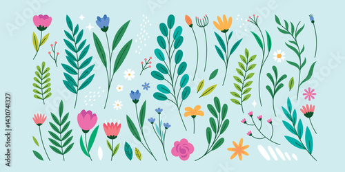 Flower leaves and berries Hand Drawn Flat Set