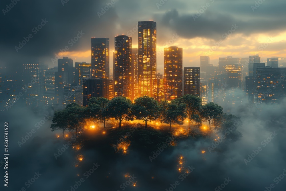 Fototapeta premium A glowing city skyline surrounded by lush greenery amidst mysterious clouds at twilight