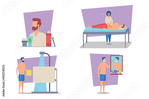 Collection of spa treatments. Individuals engaged in massage therapy, grooming, and skincare. Relaxation and self-care routines concept