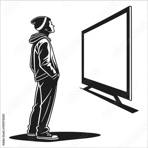 Teenager Gazing At A Blank Screen Minimalist Black And White Vector Illustration