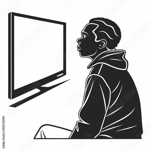 Black Silhouette Of A Man Watching Tv In Monochrome Art Style