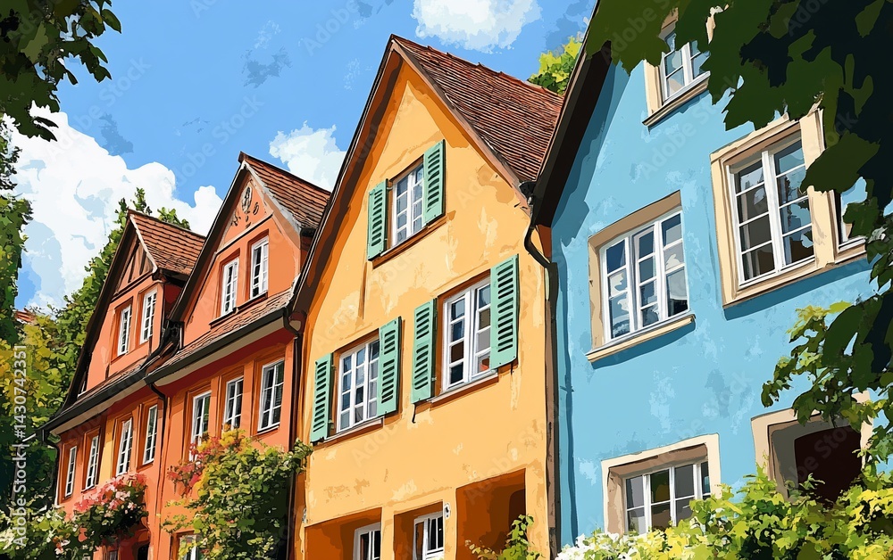 Colorful row of houses. The vibrant buildings showcase classic architectural styles. Sunlight casts shadows Colorful row of houses. The vibrant buildings showcase classic architectural styles. Sunlight casts shadows