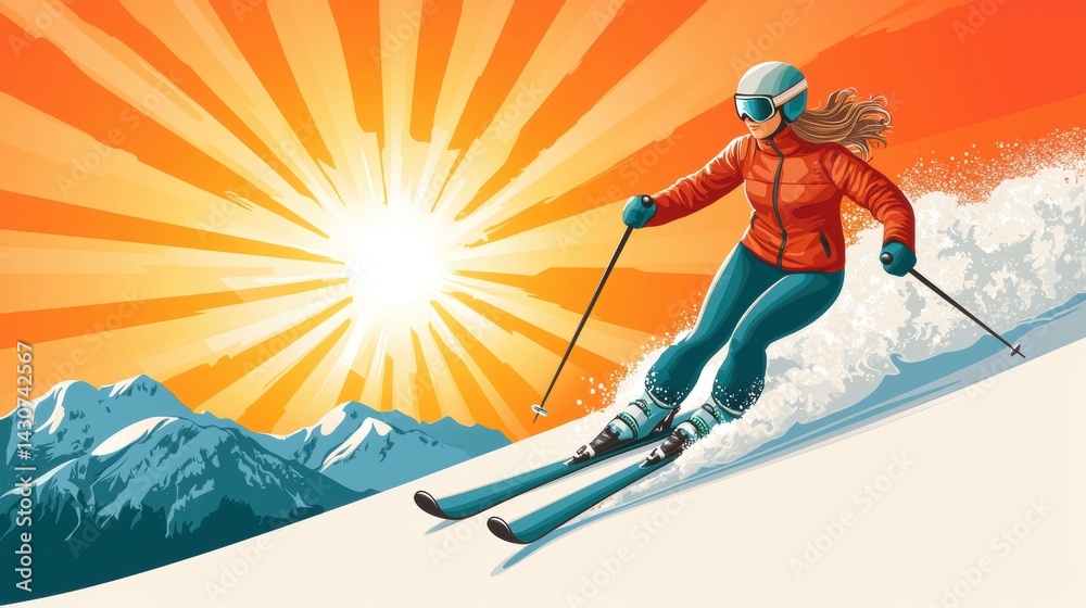 Naklejka premium Skiing woman against a vibrant sunset background.