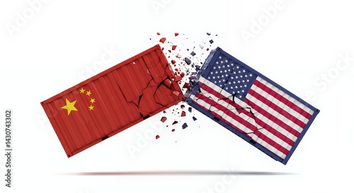 Obraz na płótnie Broken Trade Relations China and Usa Represented by Damaged Shipping Containers w salonie
