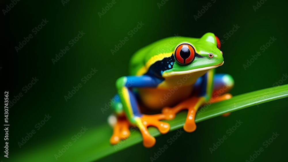 colorful frog on a leaf, close up of a rainforest amphibian