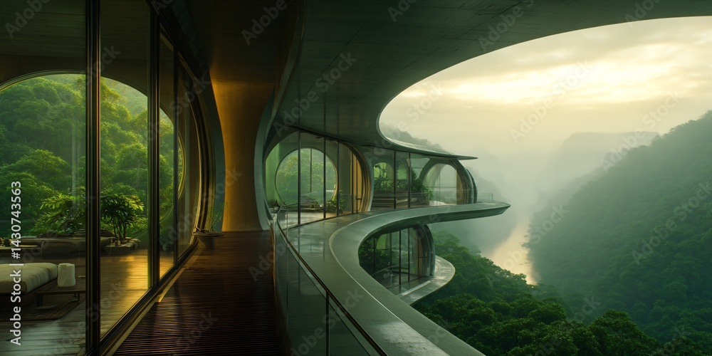 futuristic luxury building, sunset over the rainforest river, modern organic green eco architecture concept, exotic fantasy landscape