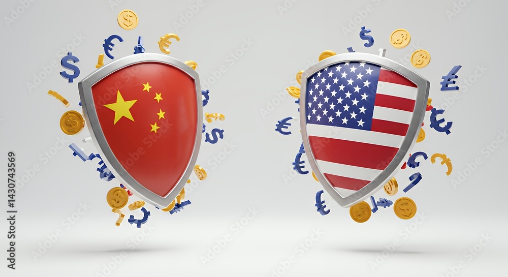 China Versus United States Shield Trade War with Currencies Protection Concept