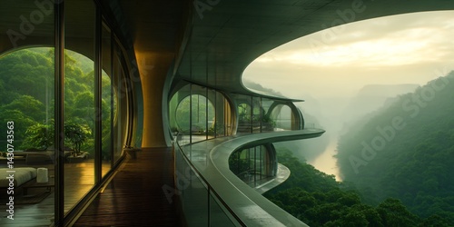 Obraz na płótnie futuristic luxury building, sunset over the rainforest river, modern organic green eco architecture concept, exotic fantasy landscape w salonie