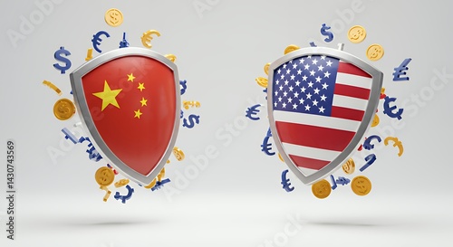 Obraz na płótnie China Versus United States Shield Trade War with Currencies Protection Concept w salonie