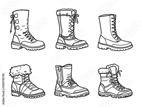 snow boots art black and white minimalistic winter footwear illustration