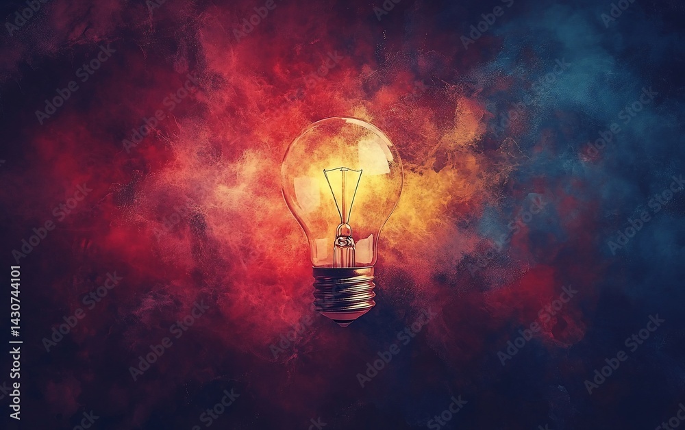Illuminated lightbulb surrounded by colorful, abstract clouds Illuminated lightbulb surrounded by colorful, abstract clouds