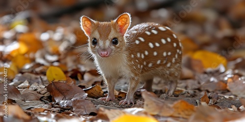 Adorable spotted Quoll standing in autumn leaves, showcasing its beauty and charm