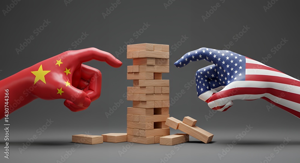 China Versus Usa Trade War Concept with Tower Game Stability Risk