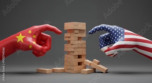 Obraz na płótnie China Versus Usa Trade War Concept with Tower Game Stability Risk w salonie