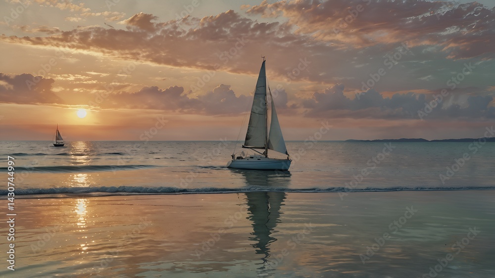 Fototapeta premium Peaceful Ocean View with Yachts at Golden Hour
