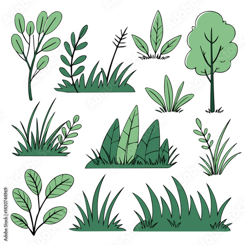 Hand drawn shrub bush shrubbery tree. set of garden plant element. Eco element