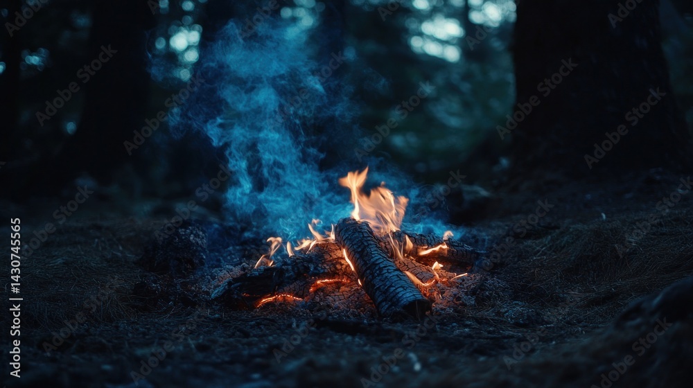 Naklejka premium Campfire glows in dark forest