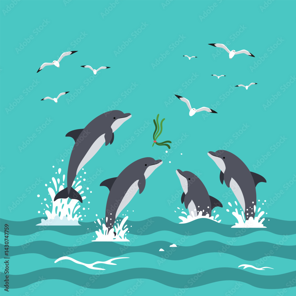 Fototapeta premium Dolphins Jumping Out of the Water with Seagulls Illustration
