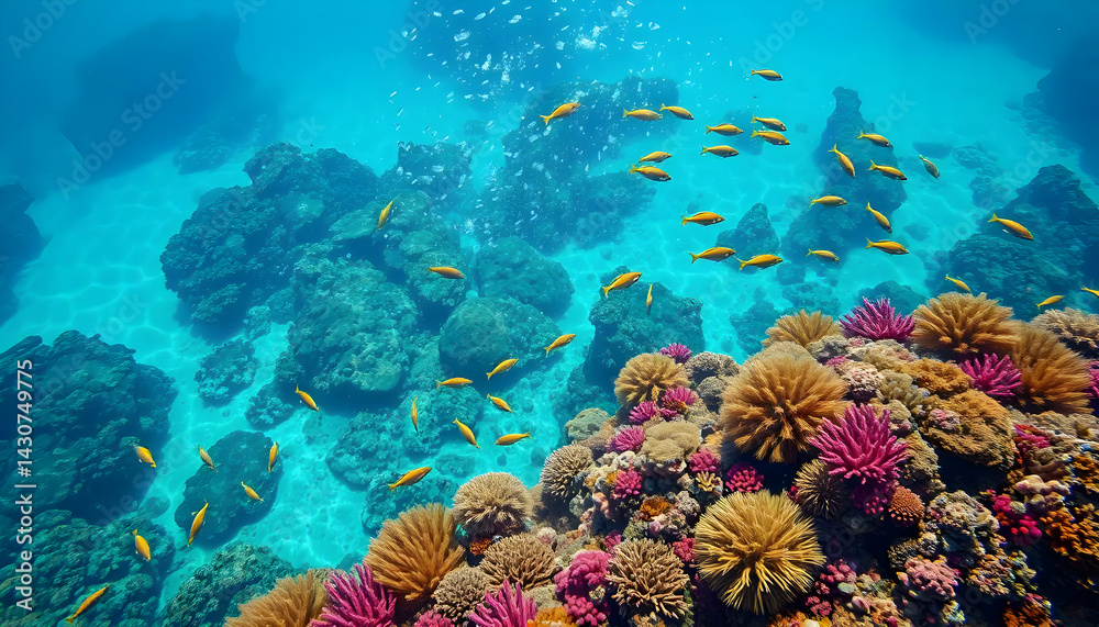 Naklejka premium Vibrant Coral Reef Teeming With Colorful Fish And Clear Blue Waters