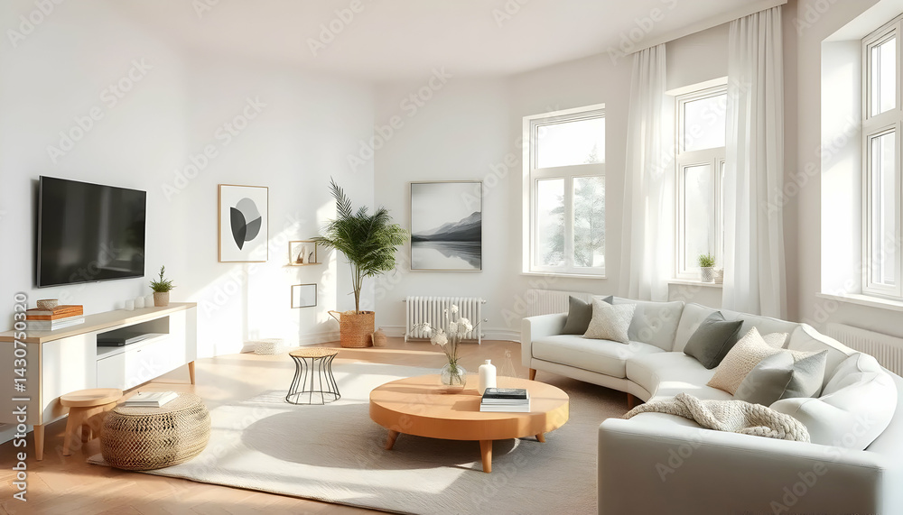 Fototapeta premium Bright And Airy Living Room With Modern Furnishings And Natural Light In A Minimalist Style