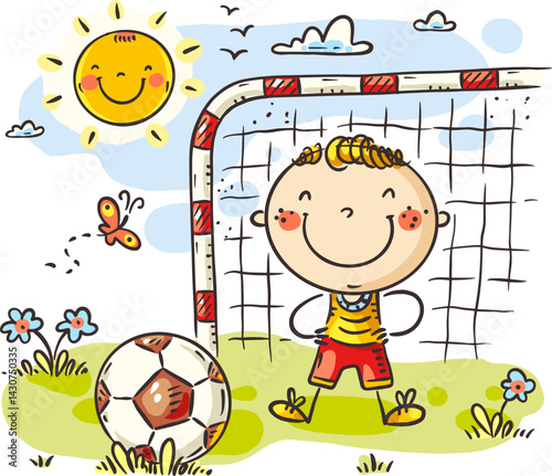 Cute cartoon boy playing soccer as a goalkeeper. Children sport activities, kids and football