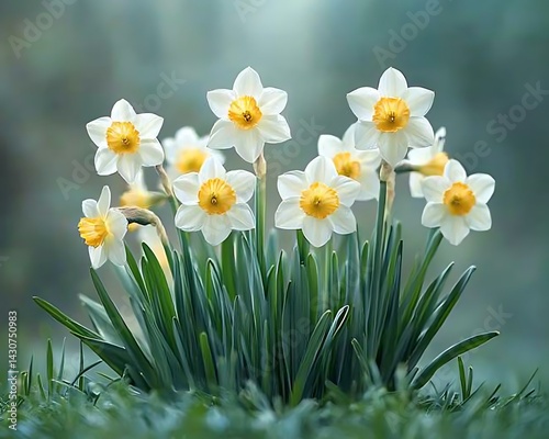 Blooming daffodils, white petals, yellow centers, spring garden scene
