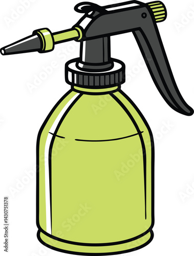 Bright green spray bottle, black nozzle and handle, pressure sprayer, gardening tool, household cleaner,