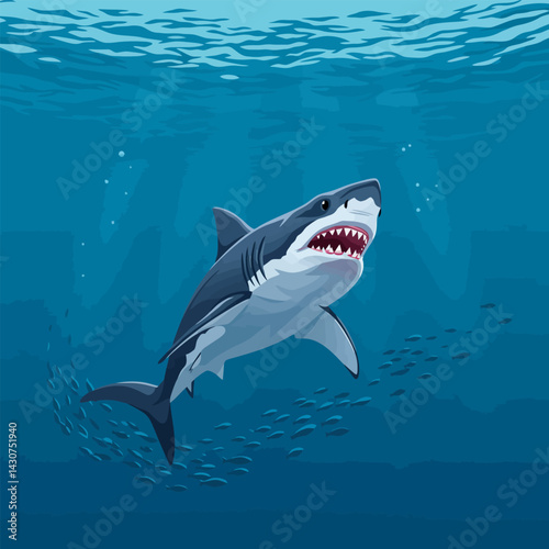 Shark Swimming Underwater with School of Fish in Deep Blue Ocean