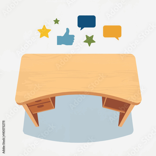 Modern office desk with feedback icons in bright colors, communication