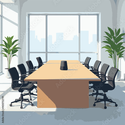 Modern conference room with sleek table and minimalist chairs, professionalism