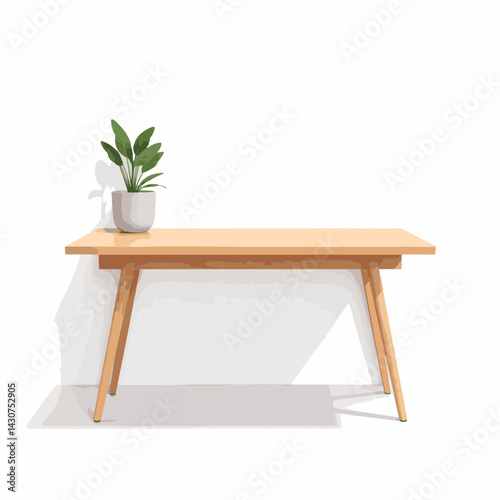 Sleek modern desk with potted plant on white background, minimalist design