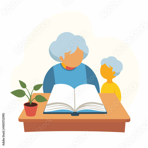 Elderly tutor sharing knowledge with curious student, minimalist classroom