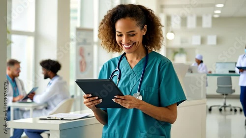 Smiling healthcare professional using tablet modern medical facility, showcasing positive