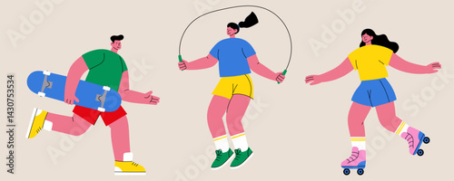 Young people doing outdoor sports in flat vector style – skateboarding, roller skating, and jumping rope. Great for fitness apps, active lifestyle blogs, posts, for social campaigns.