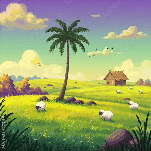 Pastoral Paradise: A Tropical Meadow with a Hut and Grazing Sheep 